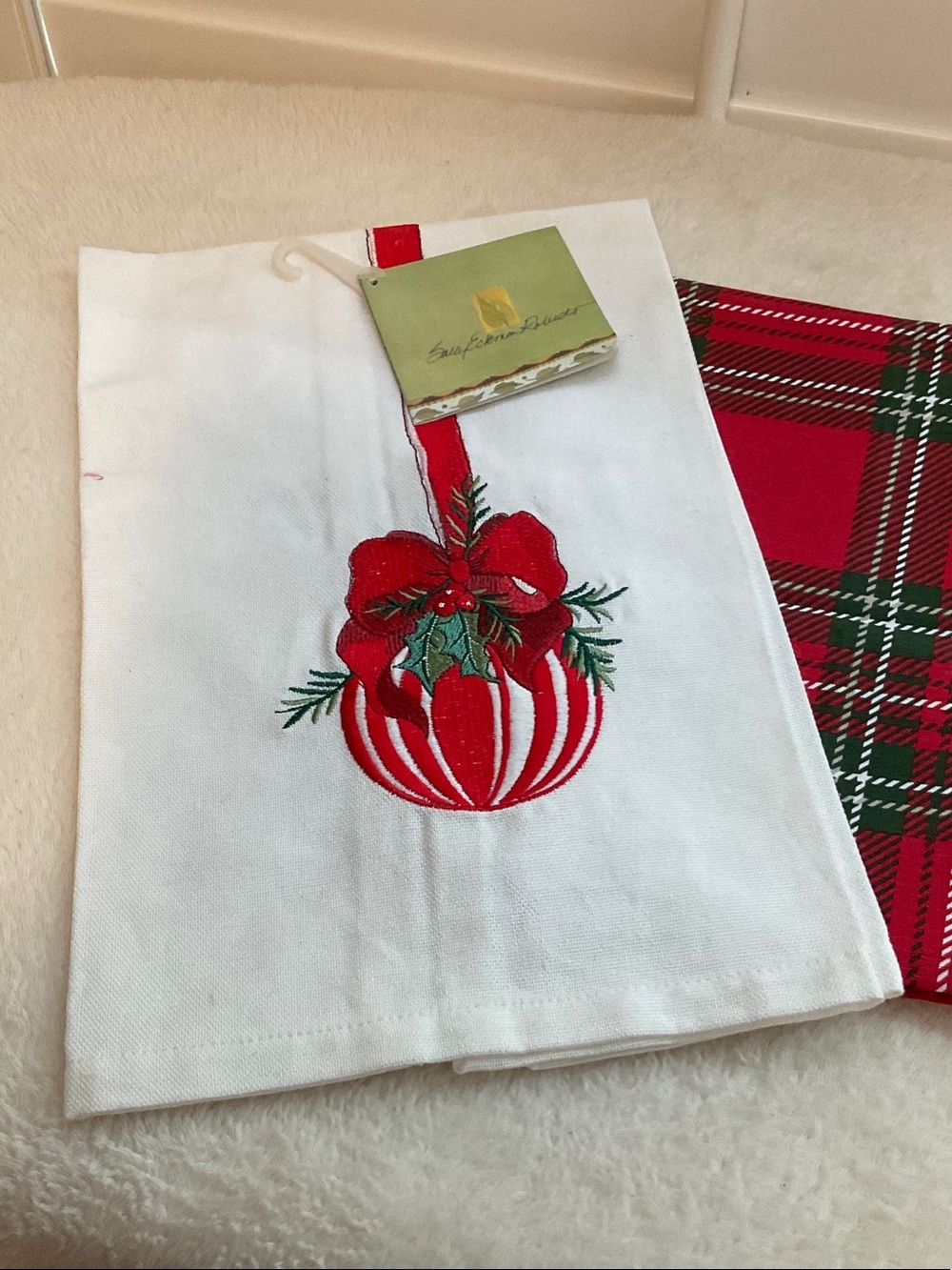 Embroidered Red Holiday Tea Towel by